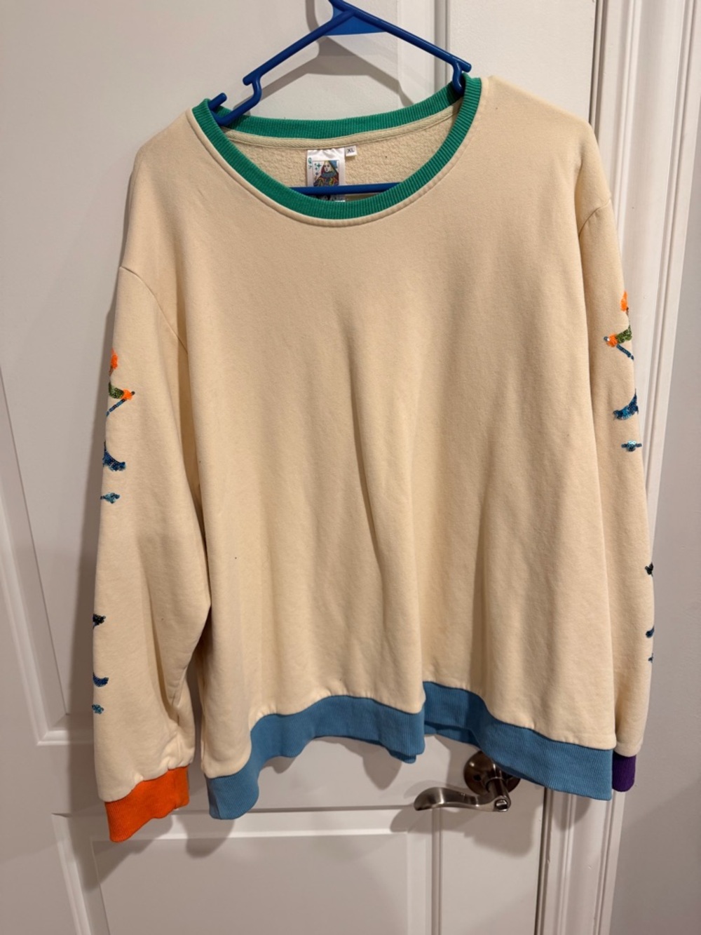 Queen of Sparkles Cream Colorblock Crewneck Sweatshirt with sequin skiers
